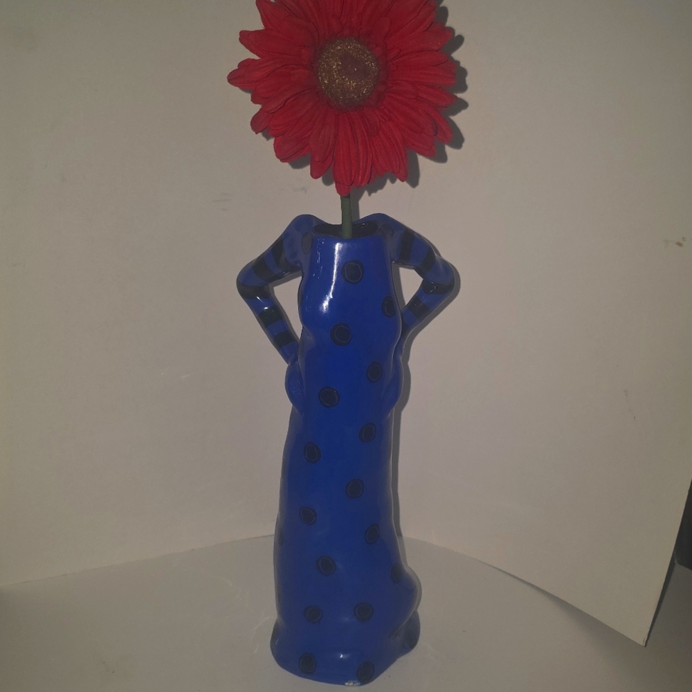 Blue Polka Dot Vase with Red Flower